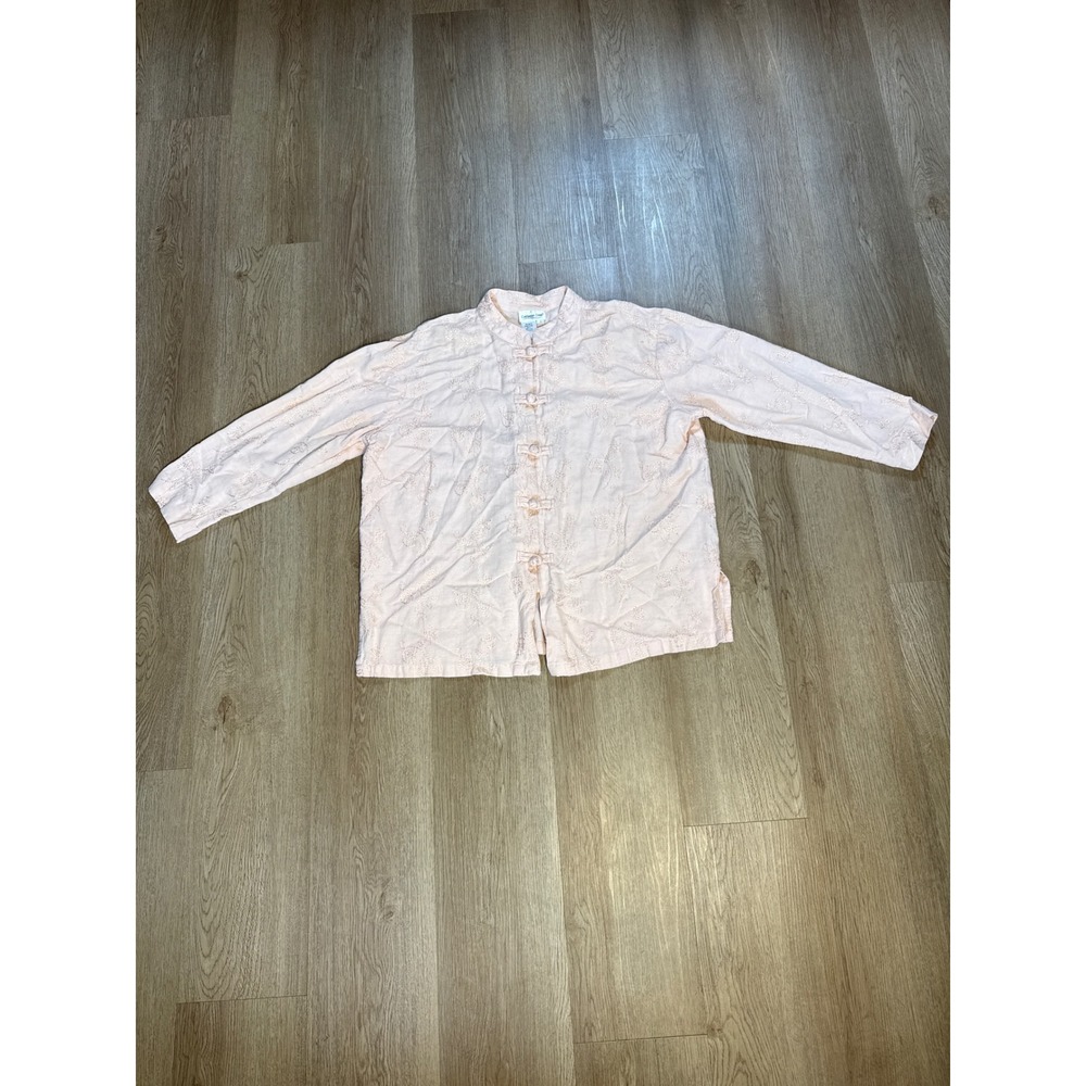 Coldwater Creek Shirt Women Large Pink Embroidered Frog Button Linen Blend Top